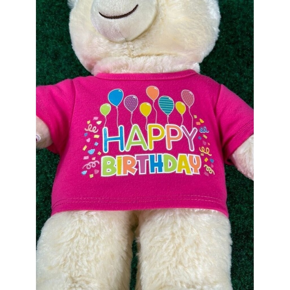 Build-A-Bear Workshop Cream Teddy Bear Plush in Pink "Happy Birthday" Shirt - Picture 4 of 7